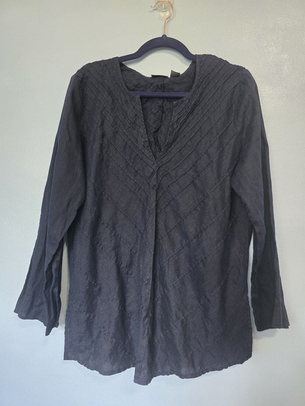 Chico's Linen Pintuck V-Neck Women's Tunic Top Navy Blue Size 2 US L